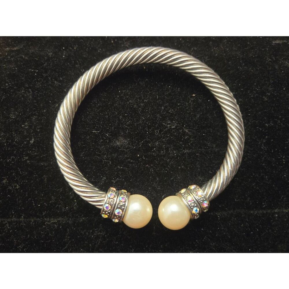 Women's Silver Tone Iridescent Rhinestone Faux Pearl Cable Cuff Bracelet
